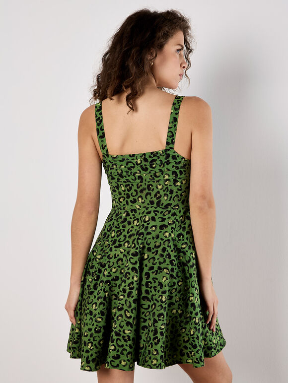 Animal Print Skater Mini Dress, Green, large