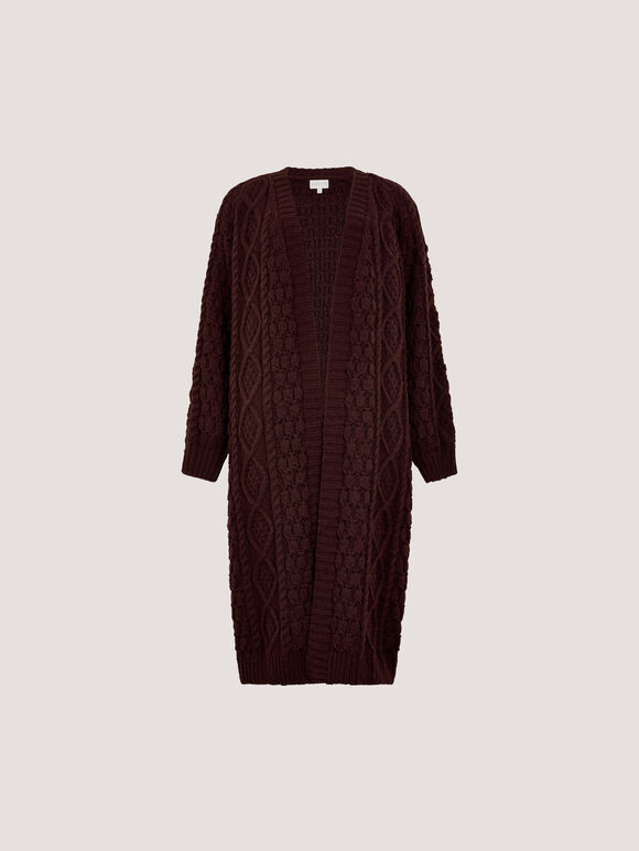 Chunky Cable Knit Longline Cardigan, Plum, large