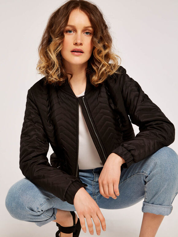 Quilted Bomber Jacket, Black, large