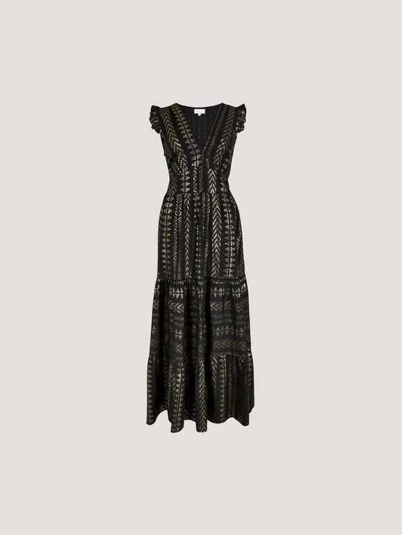 Metallic Embroidered Maxi Dress, Black, large