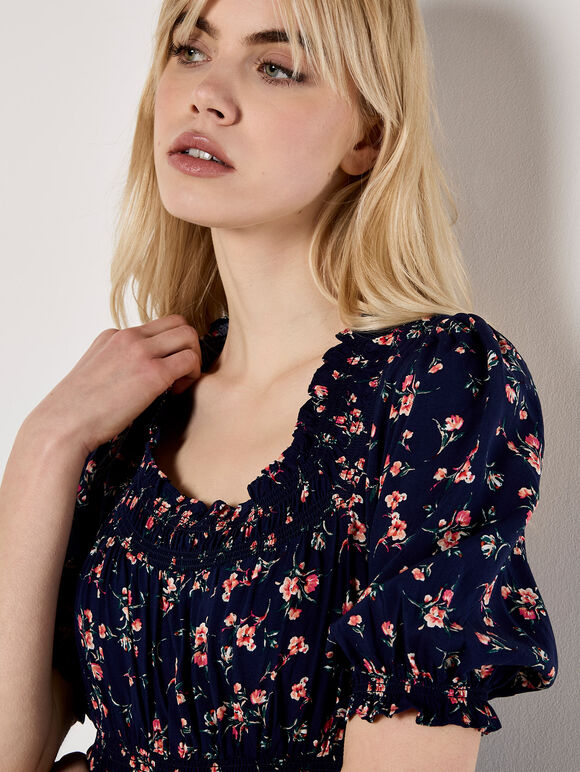 Ditsy Floral Milkmaid Midi Dress, Navy, large