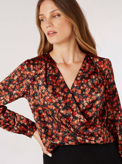 Painterly Floral Satin Wrap Top