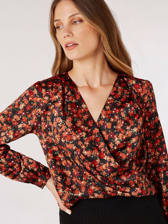 Painterly Floral Wrap Top, Black, large