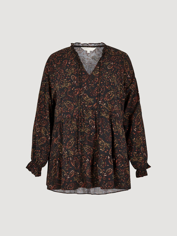 Curve Painterly Paisley Peplum Hem Top, Black, large