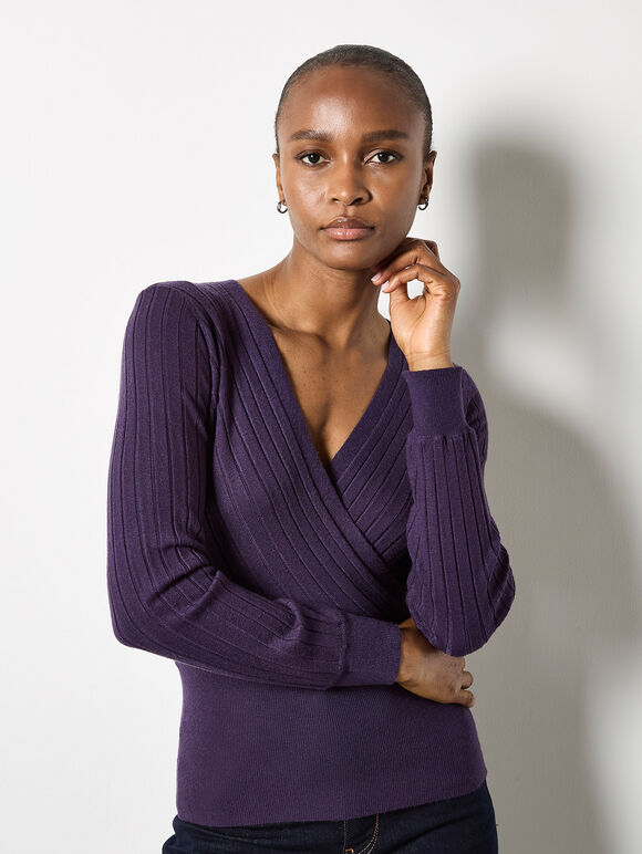 Rib Knit Wrap Top, Purple, large