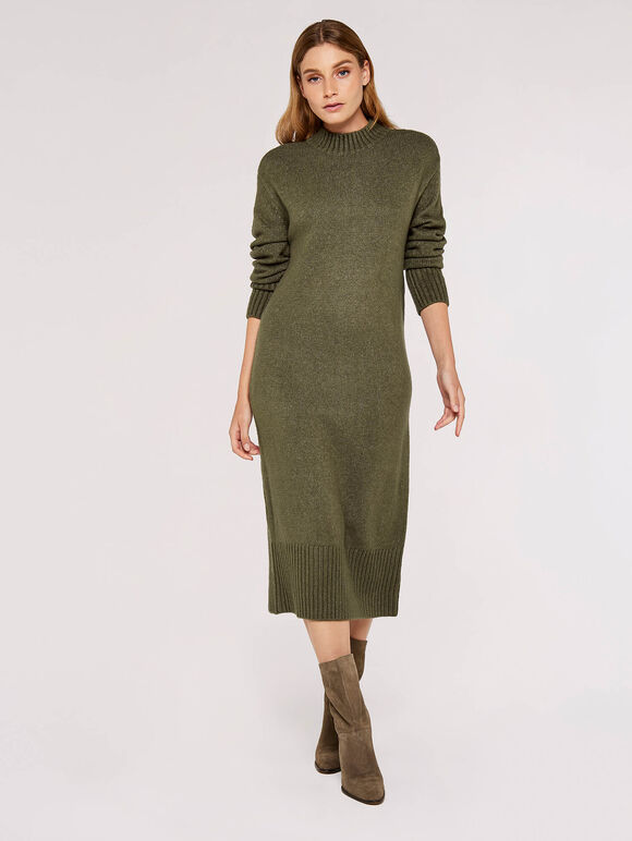 Chunky Knit Midi Dress, Khaki, large