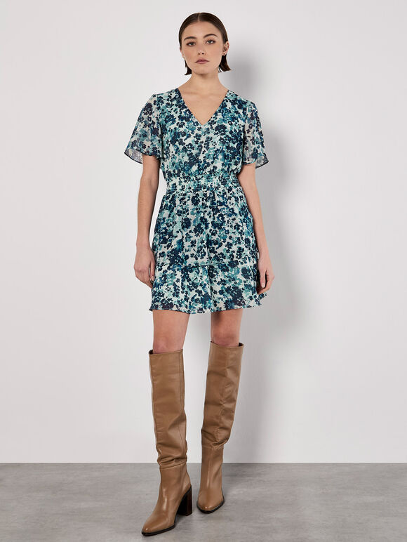 Blurred Floral Tiered Mini Dress, Blue, large