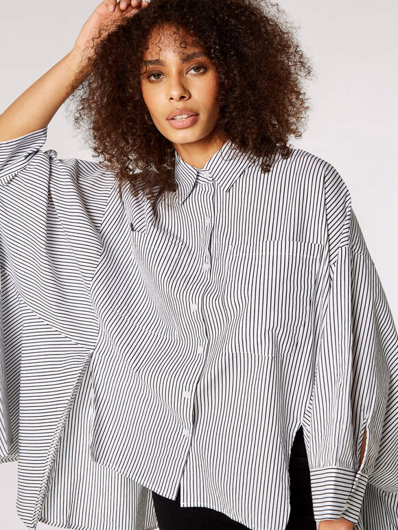 Oversized Striped Cotton Shirt, White, large