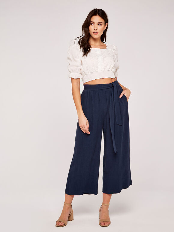 Tie Waist Culottes, Navy, large