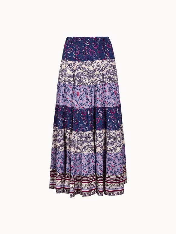 Patchwork Print Tiered Maxi Skirt, Purple, large