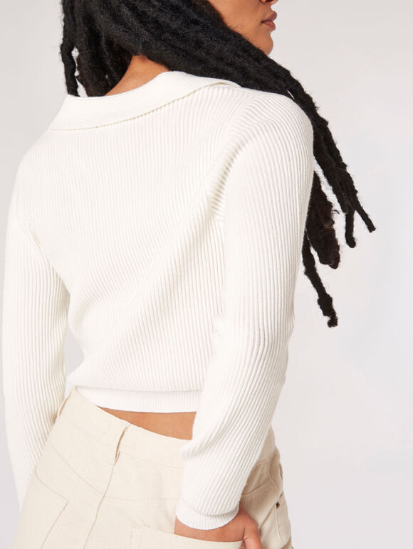 Cropped Ribbed Jersey Knit Jumper, Cream, large