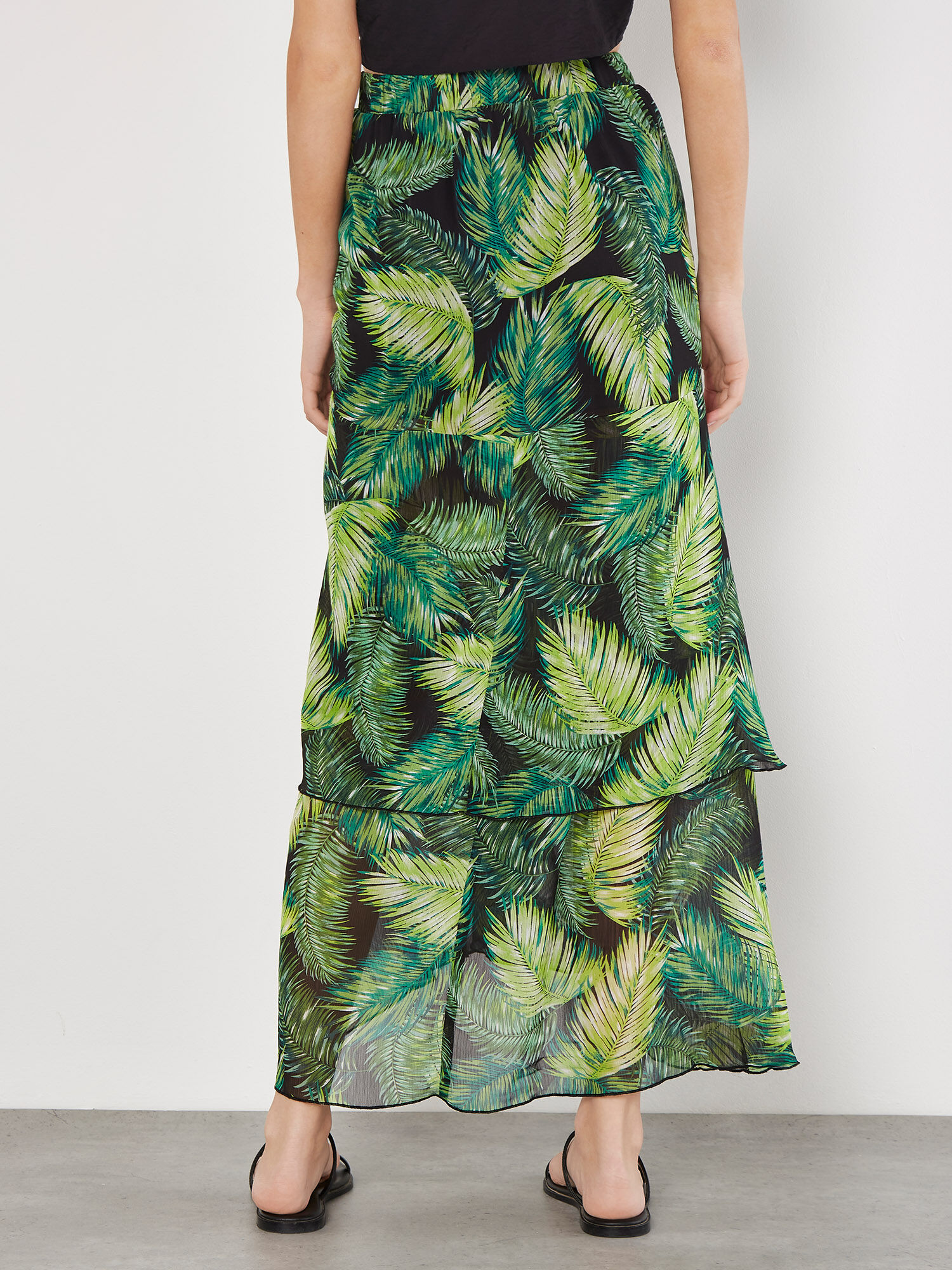 Tropical Leaf Chiffon Tiered Maxi Skirt Apricot Clothing