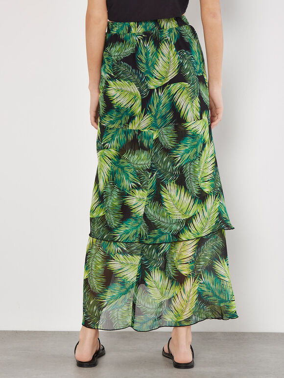 Tropical Leaf Chiffon Tiered Maxi Skirt, Green, large