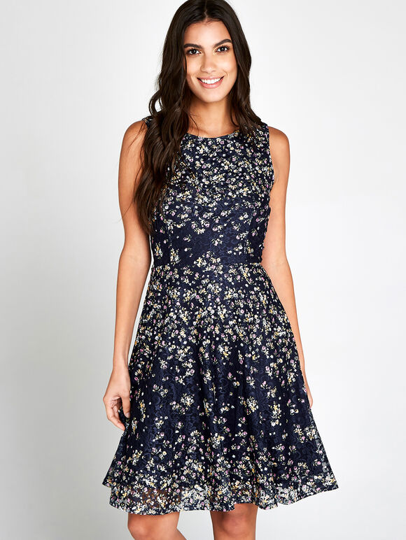Printed Lace Skater Dress, Navy, large