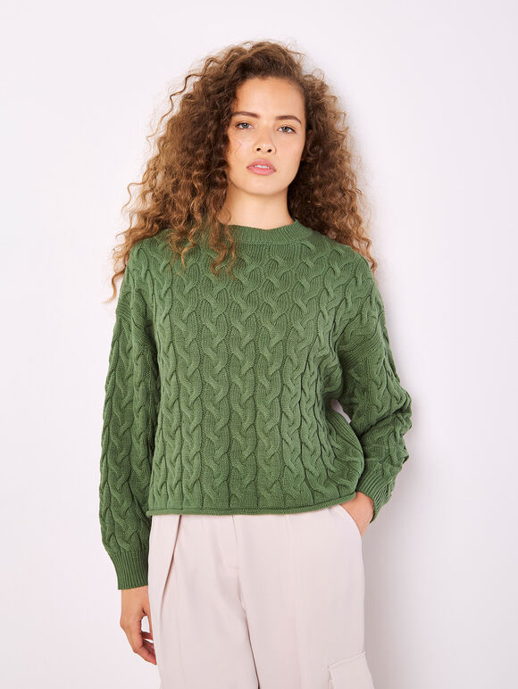 Cotton Blend Cable Knit Jumper, Green, large