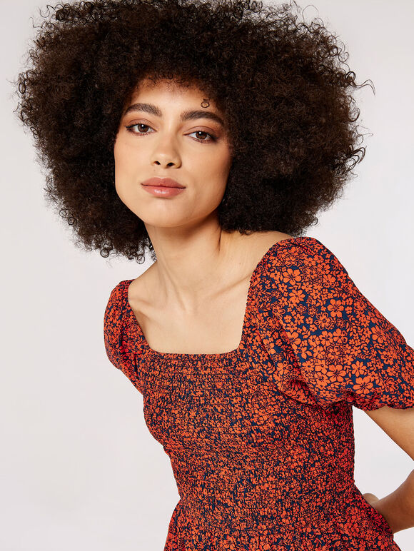 Ditsy Puff Sleeve Midi Dress, Navy, large