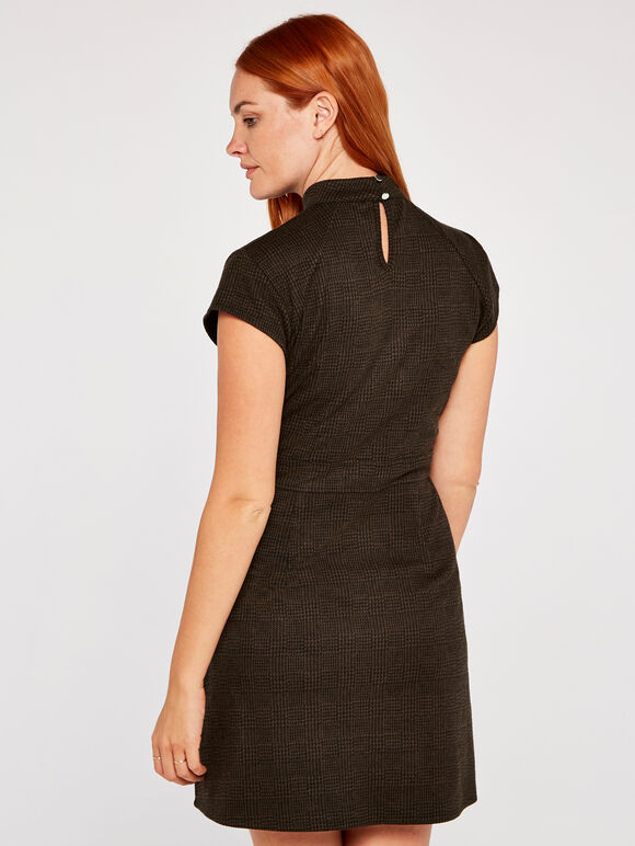Dogtooth Squared Jacquard Dress, Brown, large