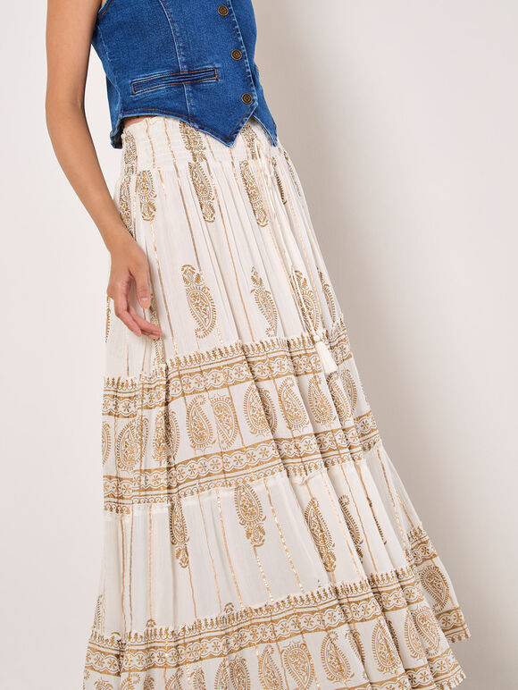 Gold Foil Paisley Tiered Maxi Skirt, Cream, large