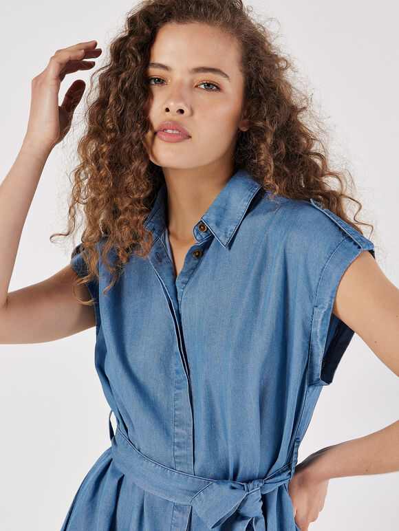 Denim Shirt Mini Dress, Blue, large