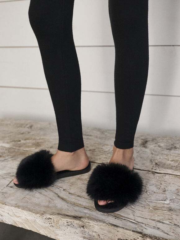 Cosy Faux Fur Luxe Slippers, Black, large