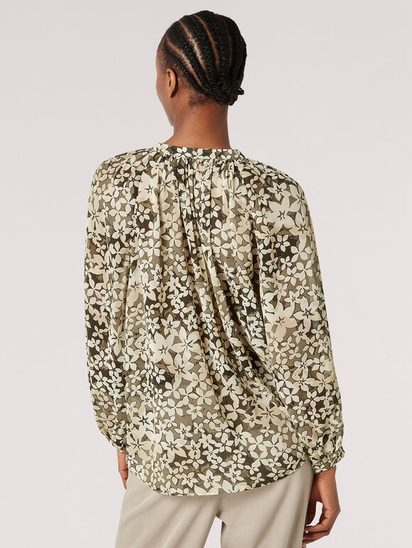 Floral Silhouette Chiffon Blouse, Khaki, large