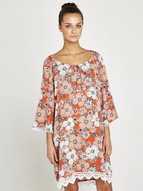 Retro Daisy Crochet Bardot Dress, Orange, large