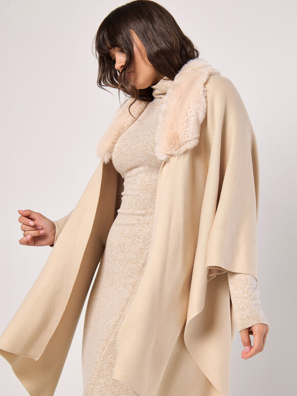 Faux Fur Collar Poncho, Stone, large