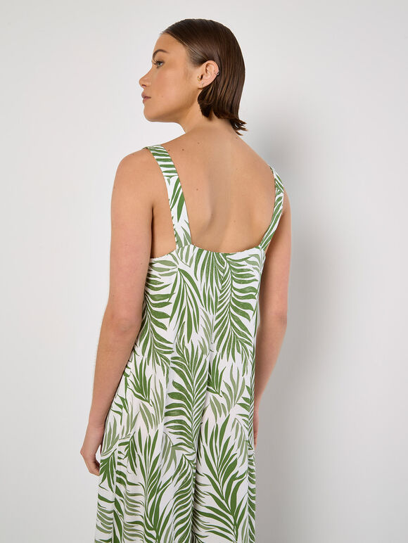 Leaf Print Wide Leg Jumpsuit, White, large