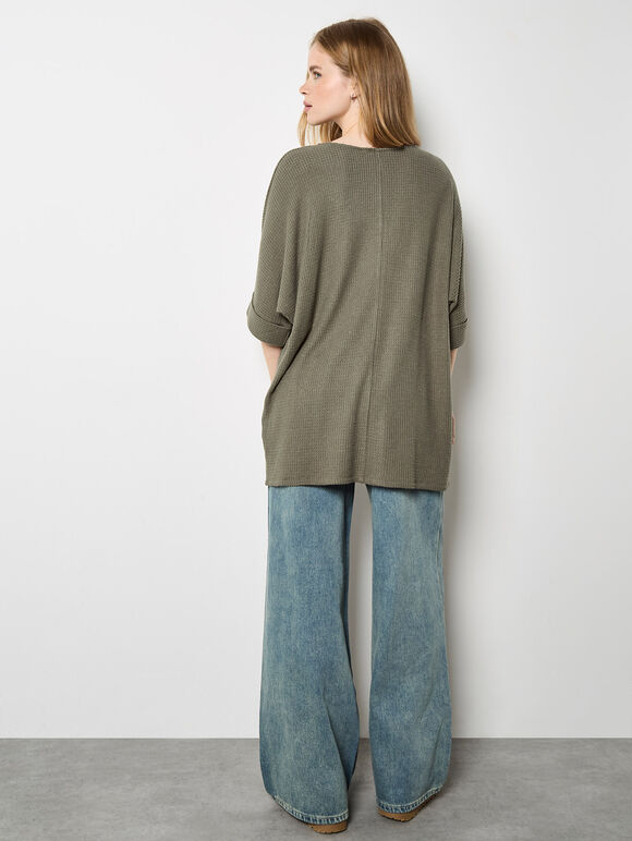 Soft-Touch Batwing Waffle Knit Top, Khaki, large