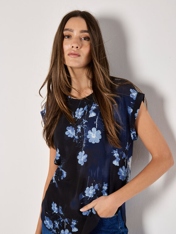 Floral Print Woven T-Shirt, Navy, large