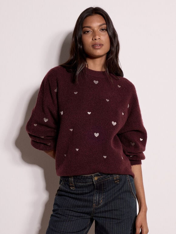 Embroidered Heart Jumper, Plum, large