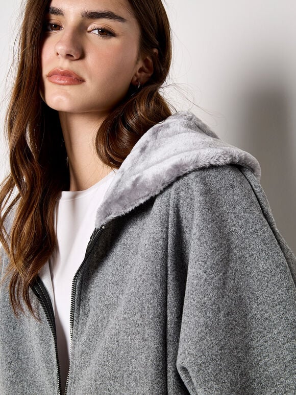 Faux Fur Zip Fleece Jacket, Grey, large