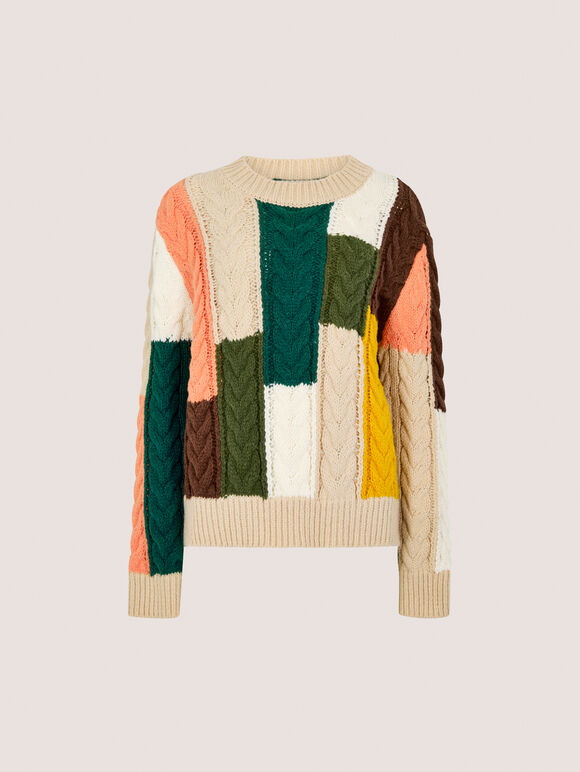 Colour Block Chunky Knit Cable Jumper, Stone, large