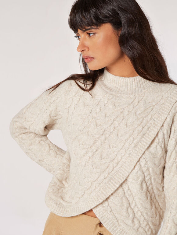 Cable Knit Cropped Wrap Jumper, Stone, large