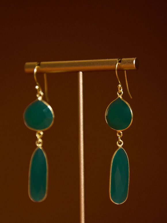 Gold Tone Green Stone Drop Earrings, Green, large