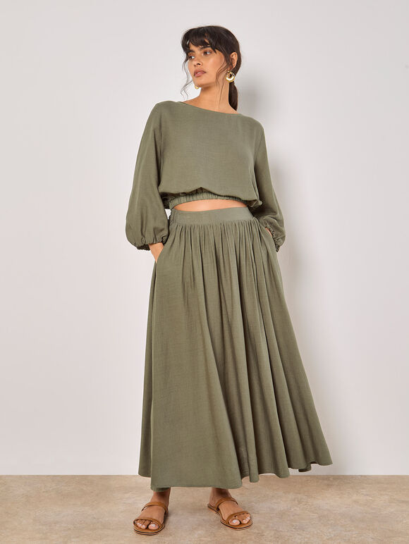 Linen Blend Bubble Hem Crop Top, Khaki, large