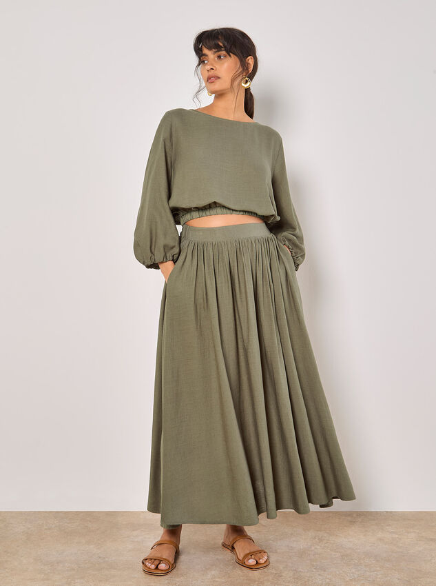 Linen Blend Bubble Hem Crop Top, Khaki, large