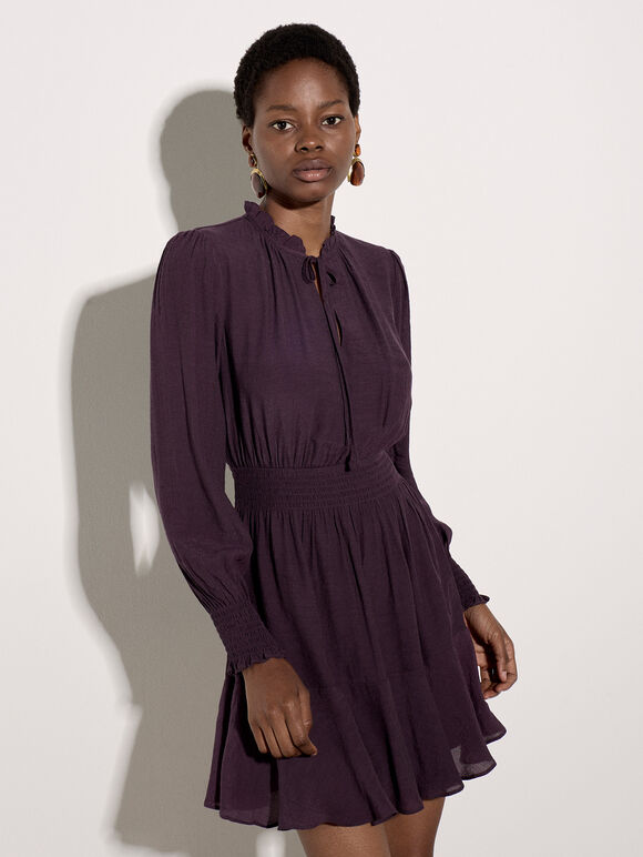 Ruffle Neck Mini Dress, Plum, large