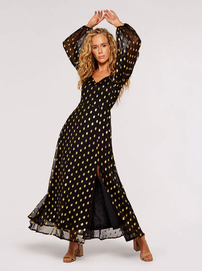 Gold Foil Chiffon Midi Dress