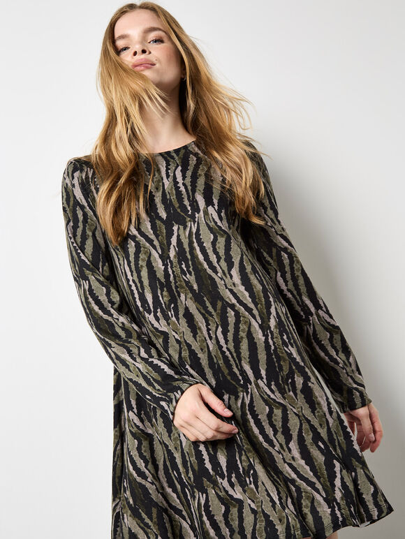 Zebra Knit Swing Mini Dress, Khaki, large