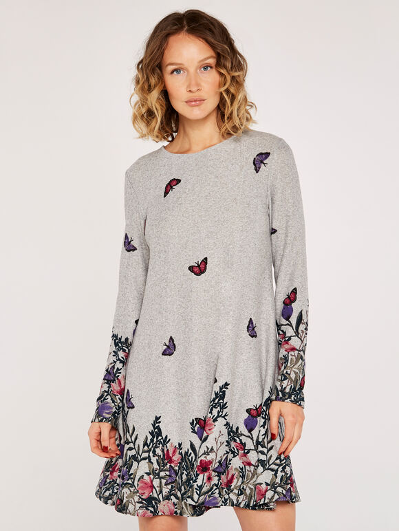 Butterfly Floral Knit Swing Mini Dress, Grey, large