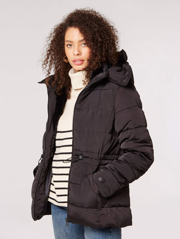 Faux Fur Hood Puffer Jacket, Black, large