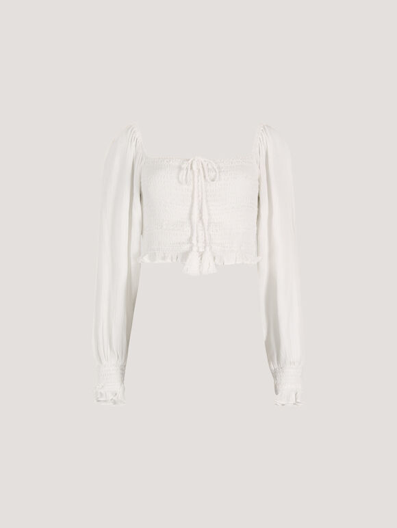Smocked Crop Top, White, large