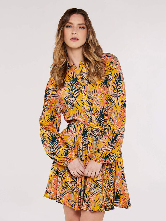 Tropical  Shirt Mini Dress, Mustard, large