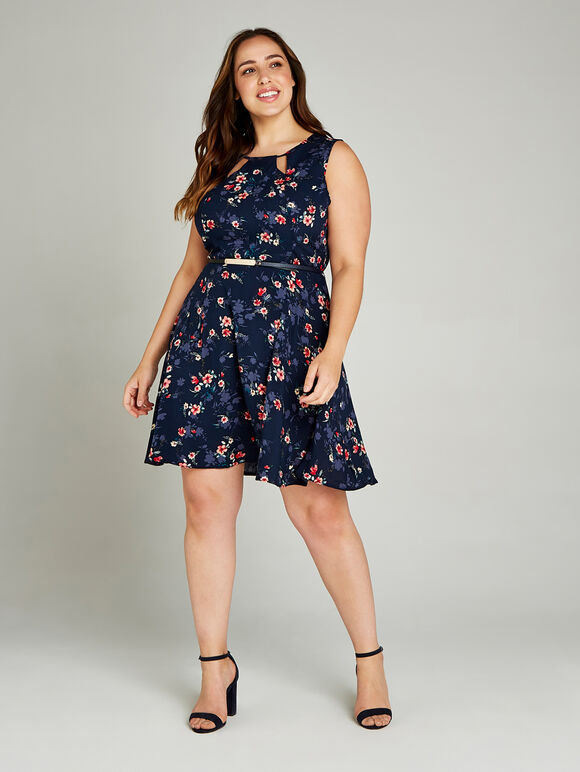 Painterly Floral Cut Out Neck Dress +, Navy, large
