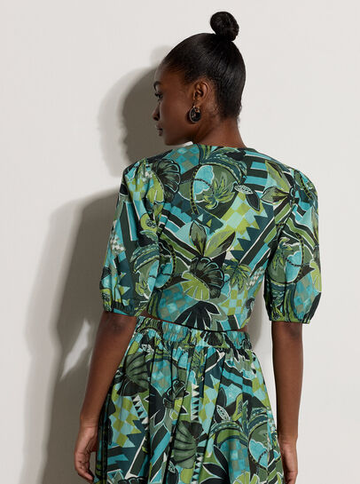 Tropical Leaf Cotton Tie Front Top