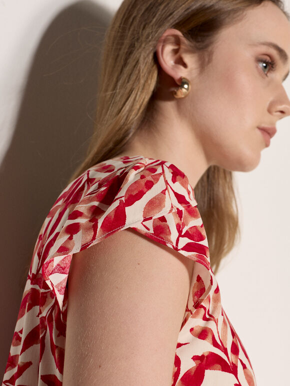 Leaf Print Tulip Sleeve Top, Red, large