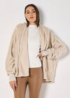Fleece Waterfall Hooded Cardigan, Stone, large