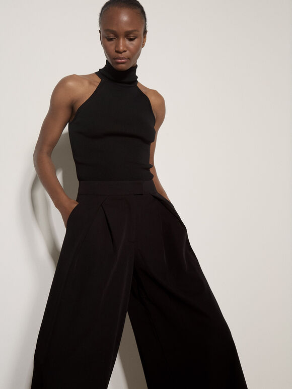 Wide-Leg Pleated Tailored Trousers, Black, large