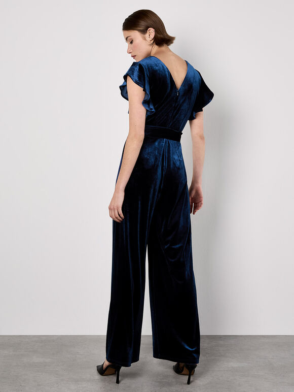 Wide Leg Velvet Ruffle Jumpsuit, Navy, large